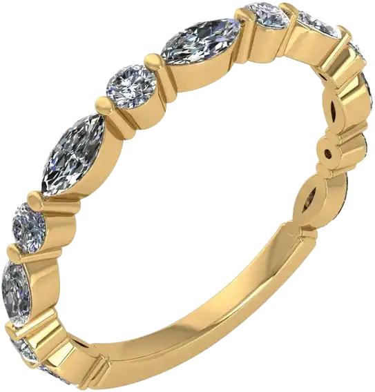 A close-up of an 18k yellow gold eternity ring with marquise and round diamonds set in a unique alternating pattern. The ring showcases a delicate and elegant design.