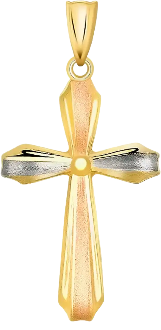 Gold and silver two-tone cross pendant with a polished finish, featuring a textured center and flared edges, designed for a necklace or chain.