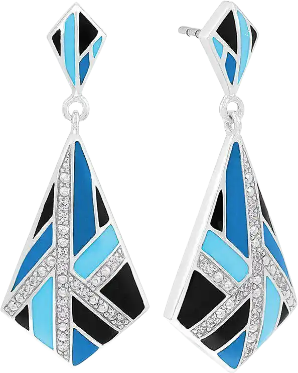 Two sterling silver inlay earrings with geometric designs in black, light blue, and dark blue enamel, featuring pave-set cubic zirconia.