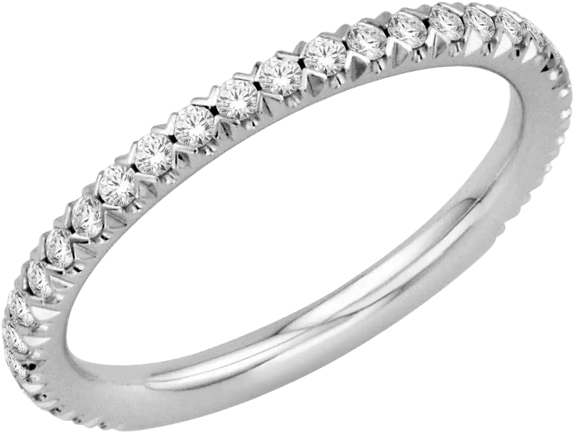 A close-up of a 14k white gold diamond half eternity ring, showcasing its delicate design and sparkling diamonds set around the band. Perfect for wedding or anniversary.