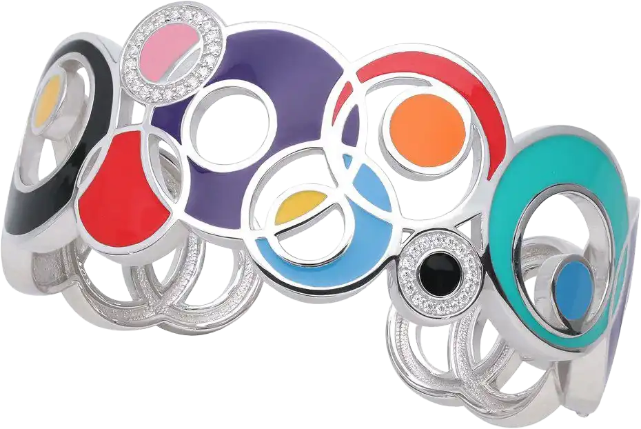 Colorful geometric enamel and silver bracelet featuring overlapping circles in red, blue, purple, orange, turquoise, black, and yellow accents.