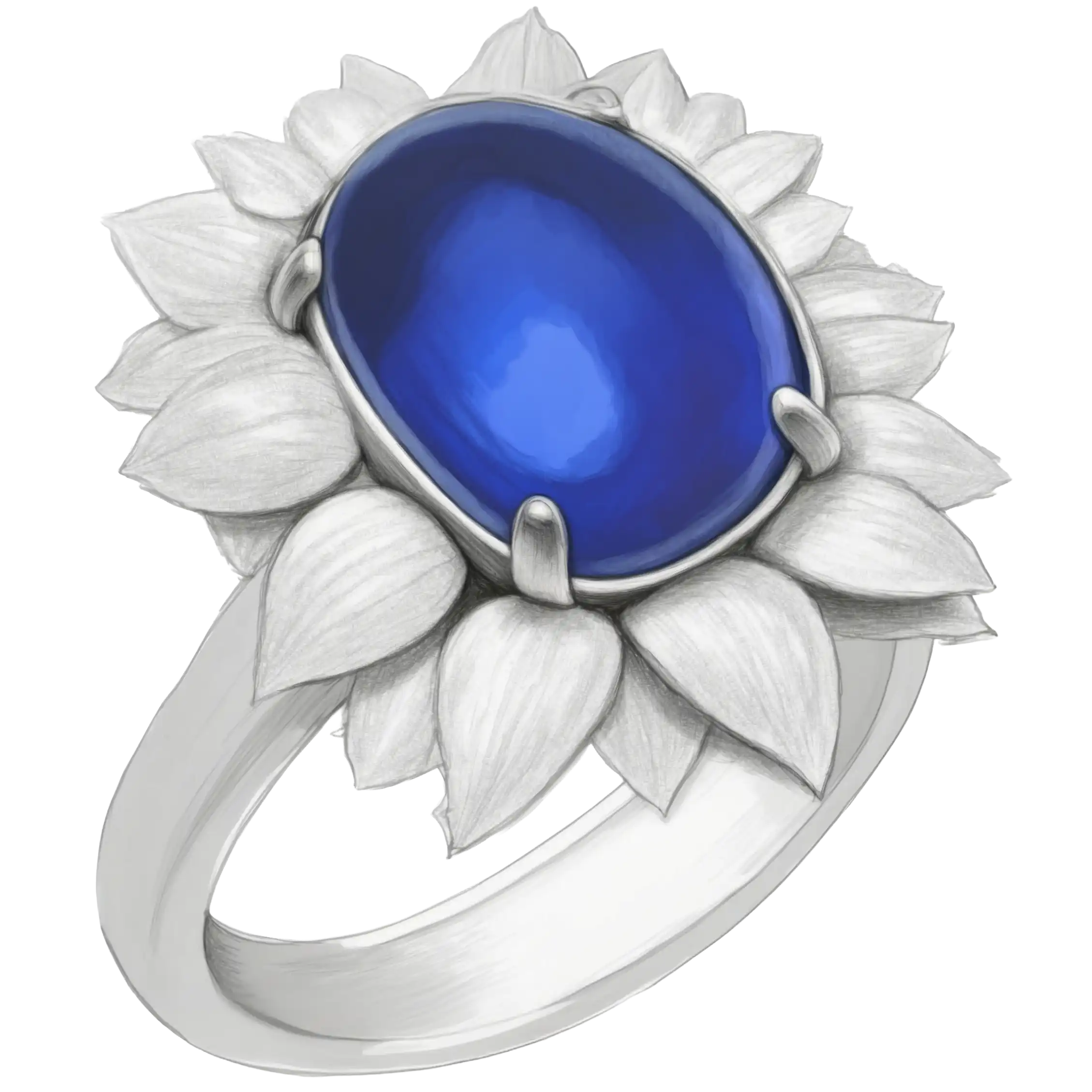 A silver ring features a large, oval blue gemstone set in a floral-inspired design with detailed petal accents, blending elegance and artistic craftsmanship.