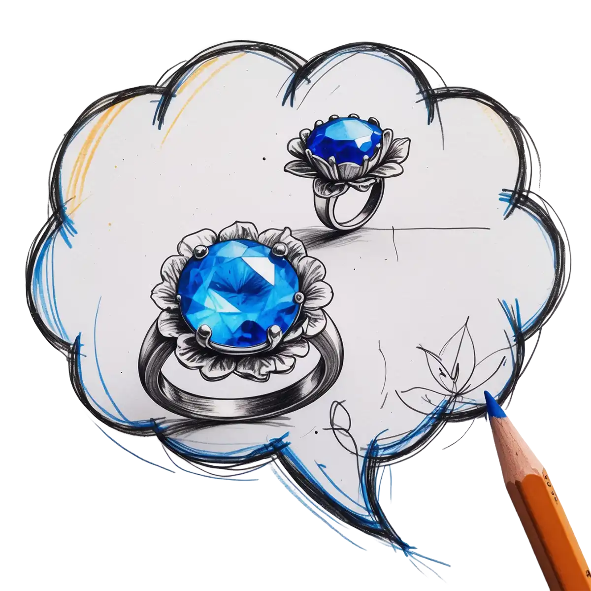 A pencil sketch shows a thought bubble containing two silver rings with large blue gemstones, highlighting the creative process of jewelry design.