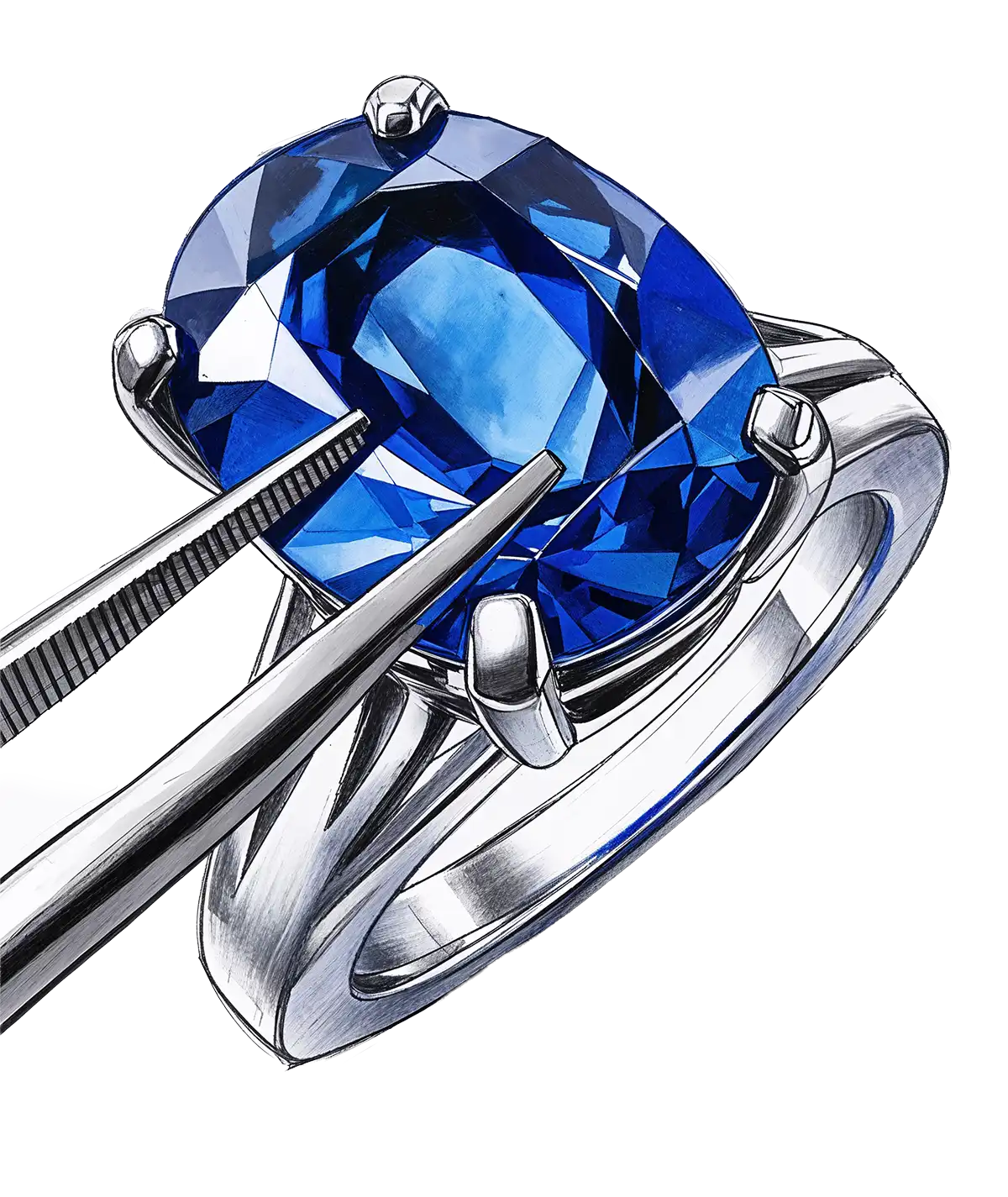 A jeweler uses tweezers to set a large, faceted blue sapphire gemstone into a polished silver ring, highlighting fine craftsmanship and luxury.