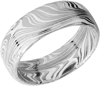 Polished Damascus steel ring with a domed profile, featuring distinctive swirling woodgrain patterns and a modern, elegant design for men or women.