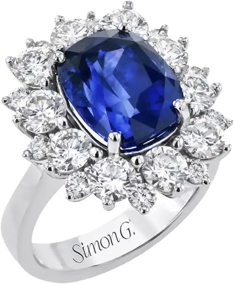 Elegant Simon G. ring featuring a deep blue sapphire center stone surrounded by a halo of sparkling round diamonds set in white gold.
