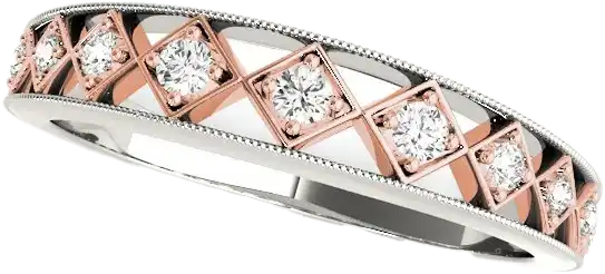 A close-up of a two-tone wedding band in 14k white and rose gold, featuring a unique diamond-set design. The ring showcases alternating square settings with diamonds.